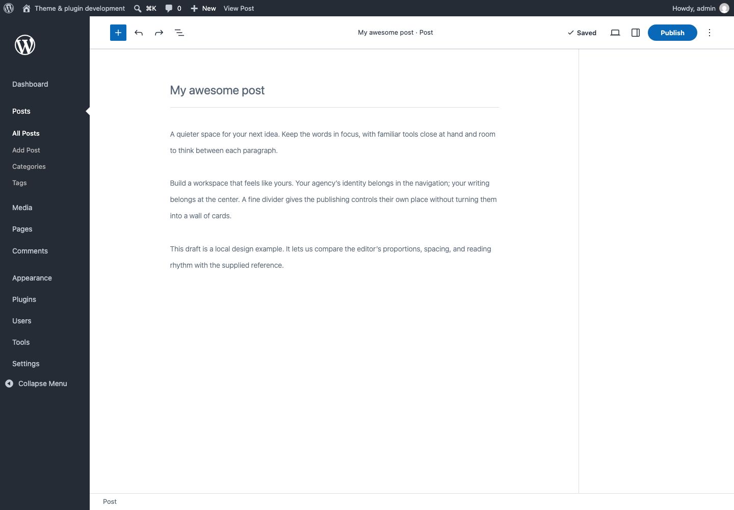 WordPress post editor with Admin Lab light appearance enabled