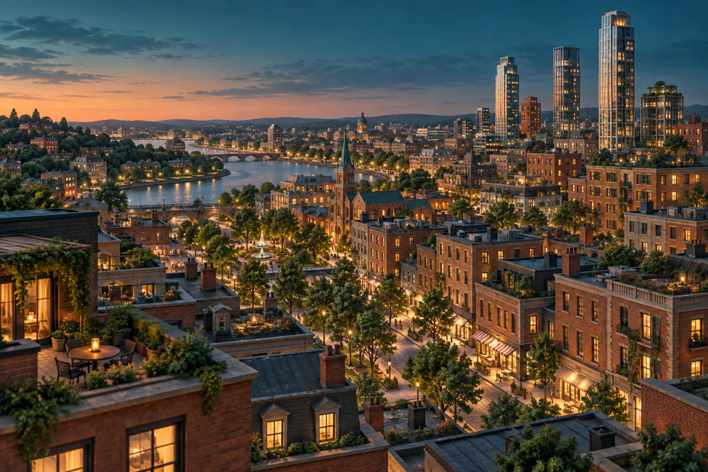 An imagined city at dusk, with leafy streets, brick neighborhoods, and warmly lit towers beside a river